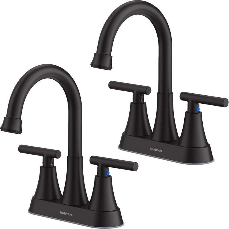Hurran Bathroom Faucets for Sink 3 Hole, 4 inch Matte Black Bathroom Sink Faucet with Pop-up Drain and 2 Supply Hoses, Stainless Steel Lead-Free Centerset Faucet for Vanity RV, 2 Pack - Image 1